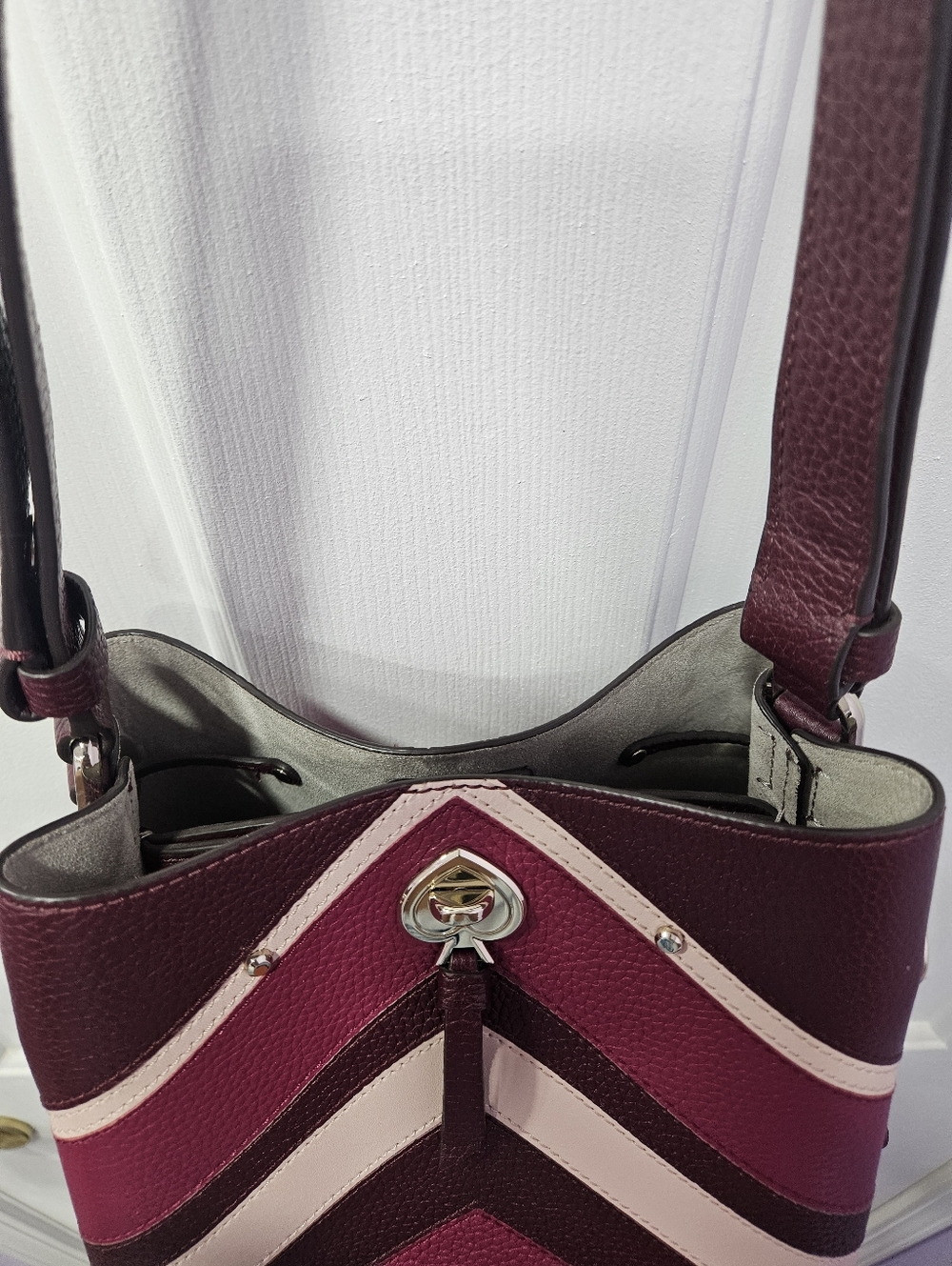 kate spade Chevron Leather Crossbody Bag & Card Case in Burgundy, Pink, Cream - Picture 8 of 15